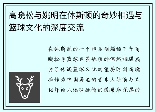 高晓松与姚明在休斯顿的奇妙相遇与篮球文化的深度交流